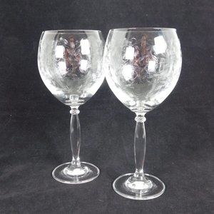 Set of 2 Pier 1 Eliza Crystal Water Goblet Etched Leaves 8 3/8 inches tall